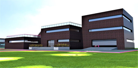 Sunlit patches on the green meadow in front of a technologically advanced, contemporary countryside structure with a brick facade and a flat roof. 3D rendering.の素材