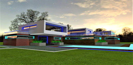 A property worthy of the most discerning client's attention. A stunning suburban home with nighttime illumination. 3D rendering.の素材