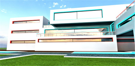 Recently constructed private house. freshly washed meadow. Granite foundation bordered by a white curb. 3D rendering.の素材
