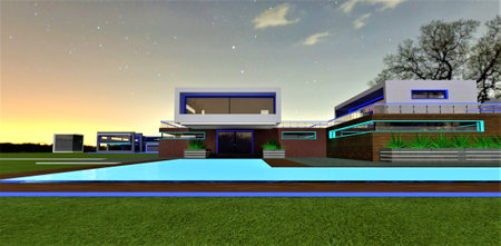 A stunning starry night over the upscale cottage town. A glowing turquoise pool in front of the entrance to a stylish home. 3D rendering.の素材