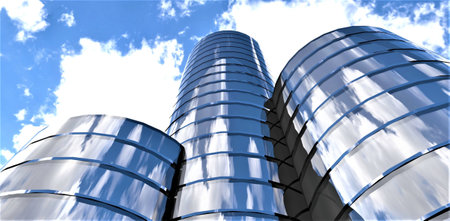 Three cylindrical skyscrapers with mirrored facades reflecting distorted clouds. bottom view. Great illustration for an office rental banner. 3D rendering.の素材