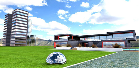 The beginning of construction in a new environmentally-friendly mountain area with modern, technological buildings. A cobblestone road leads to a two-story house. 3D rendering.の素材