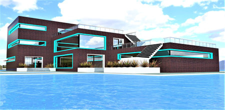 Beautiful resort with house oh the blue water lake bank. Turquoise illumination of the facade as a day decor. 3D rendering.の素材
