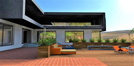 Cozy courtyard of a country house. View of a stylish balcony. Sofa on a wooden deck. Hills in the background. 3D rendering.の素材