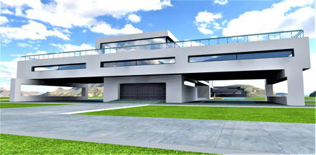 Futuristic concept of a private house in mountainous terrain. Expansive design. Garage visible. flat roof. White outside. 3D rendering.の素材