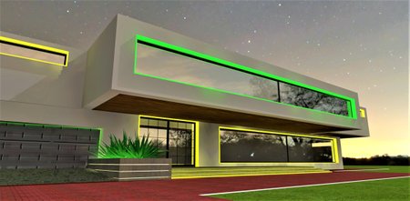 The grand entrance to a sophisticated private residence. Yellow-green illumination highlighting the facade elements. The property presents itself exceptionally well at night. 3D rendering.の素材