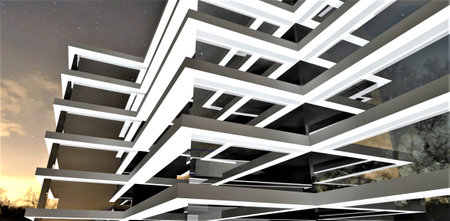 architectural abstraction. The facade of a low-rise modern office building at night. Lots of glass and illuminated rectangular lines of the exterior. 3D rendering.の素材
