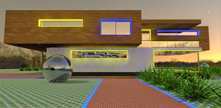 Wonderful design solution of the house facade with wood cladding and lighting. Looks great at night. A large steel sphere near the cobblestone path. 3D rendering.の素材