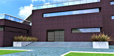 The grand entrance to a multi-family countryside home. A wide concrete staircase leading to the porch with glass double doors. brick facade. 3D rendering.の素材