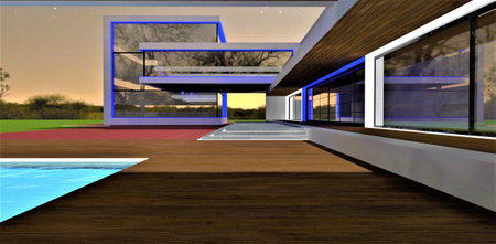 An evening in the courtyard of a luxurious countryside estate. The sleek and precise architectural shapes are accentuated by LED lighting. 3D rendering.の素材