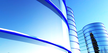 Bright morning sky reflected in glass cylindrical exterior of the contemporary business complex built in London. 3d rendering.の写真素材