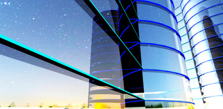 Beautiful starry night reflected in glass exterior of contemporary business center in Los Angeles. 3d render..の写真素材