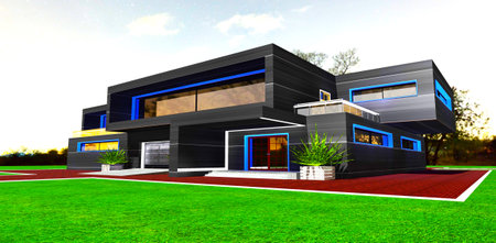 Blue and white glowing facade elements makes the exterior of the contemporary dwelling attractive for the buyer. 3d rendering.の写真素材