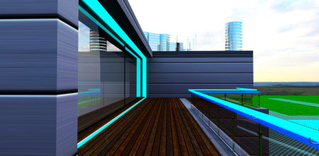 Contemporary balcony design. Decked floor and illuminated railings of the glass fence. Urban buildings on the background. 3d rendering.の写真素材