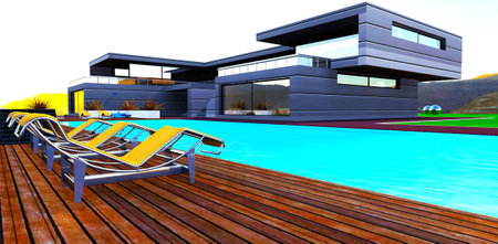Comfortable sun loungers on the deck near the glowing pool of the advanced suburban villa built in the mountains. 3d rendering.の写真素材