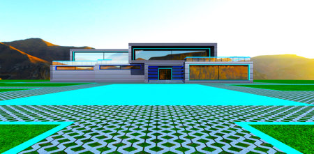 Compact smart cottage on the sunny mountains plateau. Concrete grid pavement around the big swimming pool. 3d rendering.の写真素材