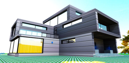 Compact newly built cottage with reliable aluminum facade against the bright sunny sky. 3d rendering.の写真素材