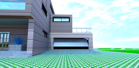 Entrance to garage of the compact private house. Concrete grid as a pavement around the building. 3d rendering.の写真素材