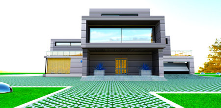 Entry door of the suburban cottage. Wide concrete steps. Garage with lifting gate on the right. 3d rendering.の写真素材