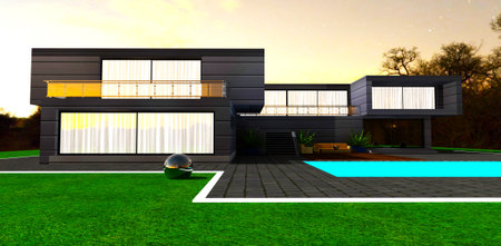 Cozy country dwelling at night. Light behind curtains looks nice in the windows, Glowing water in the swimming pool. 3d rendering.の写真素材