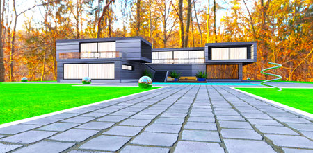 Contemporary suburban dwelling in the sunny autumn forest. Massive concrete slabs as a pavement of pathway on the lawn. 3d rendering.の写真素材