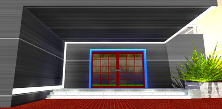 Design of the porch with concrete glowing steps. Swing entry door with glass elements. 3d rendering.の写真素材