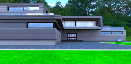 Entrance to a contemporary cottage with horizontal metal plates as walls finishing. Long balcony above the porch. 3d rendering.の写真素材