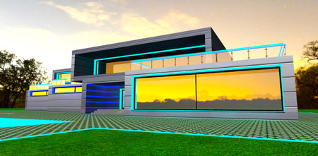 Design of contemporary living. night view. Large panoramic windows reflecting distant village lights. 3d rendering.の写真素材