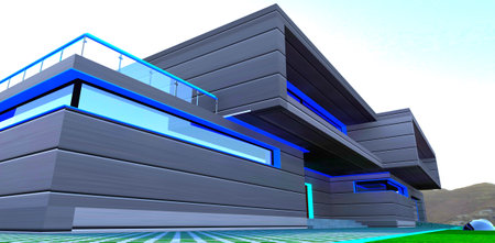 Horizontal aluminum plates as facade finishing of the suburban cottage for people who like nature and mountains. 3d rendering.の写真素材