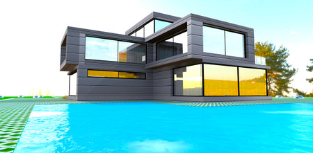 Hot july day reflected in the windows of advanced compact dwelling with own swimming pool on the territory. 3d rendering.の写真素材