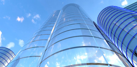 Glass cylindrical facade of newly constructed skyscrapers. Looks well and reliable. 3d rendering.の写真素材