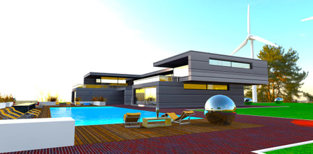 New private suburban mansion with swimming pool against the bright sunny sky. wind turbine in the background. 3d rendering.の写真素材
