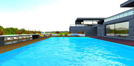 Large swimming pool near the suburban hotel with fenced terrace on the rooftop. Bar chairs on the decked floor. 3d rendering.の写真素材