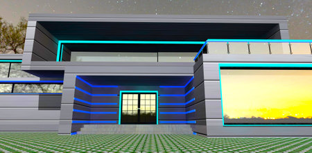 Entry to a compact suburban cottage. Elements of the illumination decor. Reflection of the city lights in mirror window. 3d rendering.の写真素材