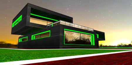 Green illuminated facade elements of the private compact cottage with black metal facade under the night starry sky. 3d rendering.の写真素材
