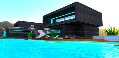 Glowing waves on the swimming pool surface in front of the contemporary house finished with black metal with sunny mountains on the background. 3d rendering.の写真素材
