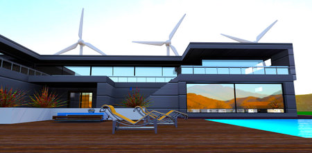 Modern house with long fenced terrace. Large mirror windows. wind turbines behind. 3d rendering.の写真素材