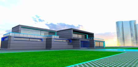 Modern people choose suburban compact housed instead of high urban apartment buildings. 3d rendering.の写真素材