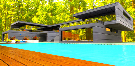 Newly built suburban mansion with large pool in beautiful autumn forest at warm sunny day. 3d rendering.の写真素材