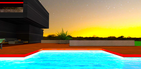 Glowing visible steps under the transparent water of the pool with the distant dawn sky on the background. 3d rendering.の写真素材