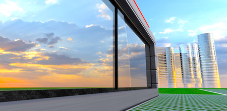 Huge business center consisting of several cylindrical skyscrapers on the background. Reflection of sunny clouds in long panoramic window. 3d rendering.の写真素材