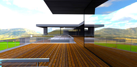 Large panoramic windows reflecting the mountains landscape. Decked terrace fenced with glass. 3d rendering.の写真素材