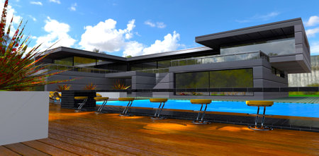 Sun glares on the deck near the pool. A row of bar chairs in front of the new contemporary house. 3d rendering.の写真素材