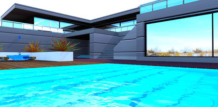 The steps are visible under the transparent pool water in the courtyard of the contemporary suburban mini-hotel with metal facade. 3d rendering.の写真素材