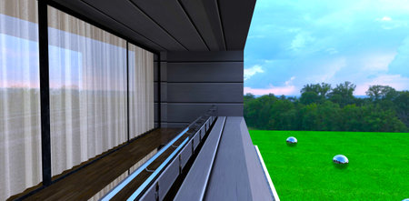 Nice green lawn visible from the balcony of modern cozy dwelling. Decking looks good with big panoramic glass door. 3d rendering.の写真素材