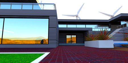 Red brick pavement in front of the entry to the eco-friendly private estate with wind turbines on the background. 3d rendering.の写真素材