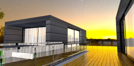 Sunset reflected on the decked terrace flooring of the advanced suburban house . White curtains behind glass door. 3d rendering.の写真素材