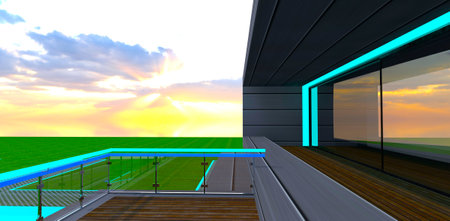 The balcony of the country dwelling. Glass fence and large sliding glass door. The sunset behind clouds on the background. 3d rendering.の写真素材