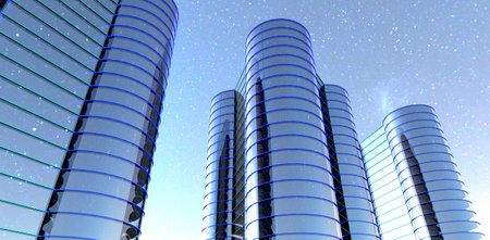 Reflection of starry sky in glass facades of three skyscrapers constructed according to new innovation design. 3d rendering.の写真素材