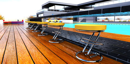 Several bar chairs in a row on the decked floor near the pool of the contemporary mansion. Big comfortable sofa behind. 3d rendering.の写真素材